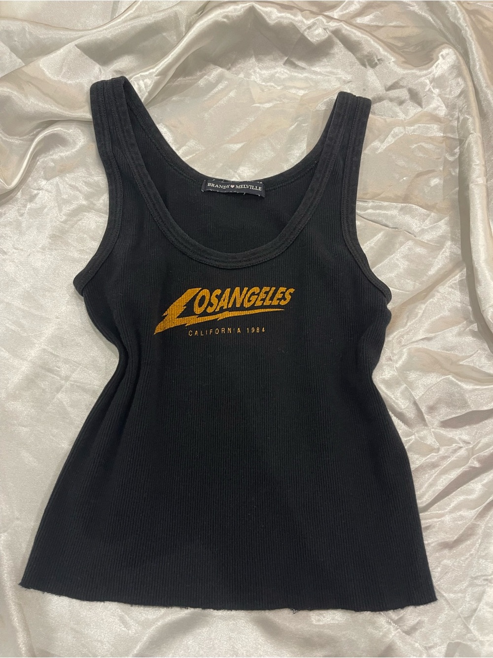 Brandy Melville Black Ribbed Tank with Gold 'Los Angeles' Graphic